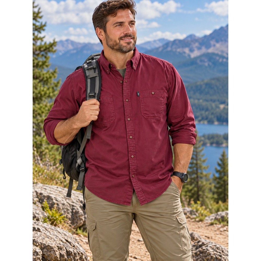 G.H. Bass & Co. Men's L Burgundy Cotton Woven Button-Down Shirt Long Sleeve